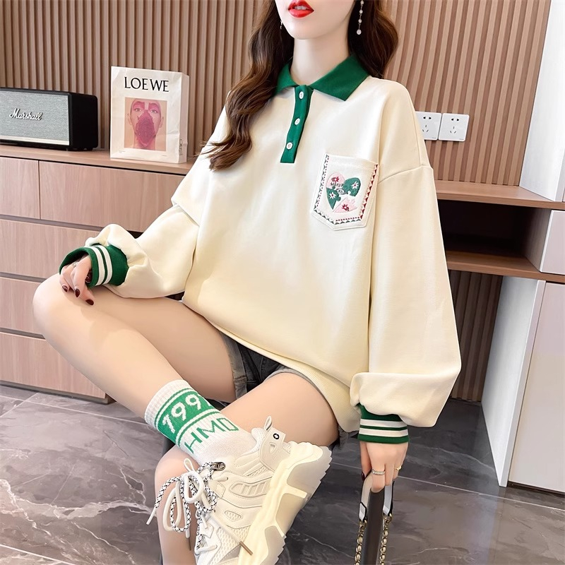 Official picture of imitation cotton Chinese cotton composite non-pilling 2024 spring and autumn thin Korean style loose POLO collar sweatshirt women's top trendy