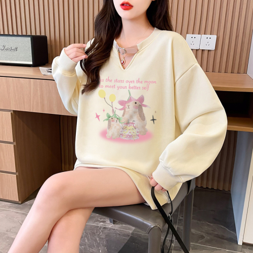 First real shot of pure cotton Chinese cotton composite milk silk 320g hollow V-neck 300kg belt buckle sweatshirt for women trendy