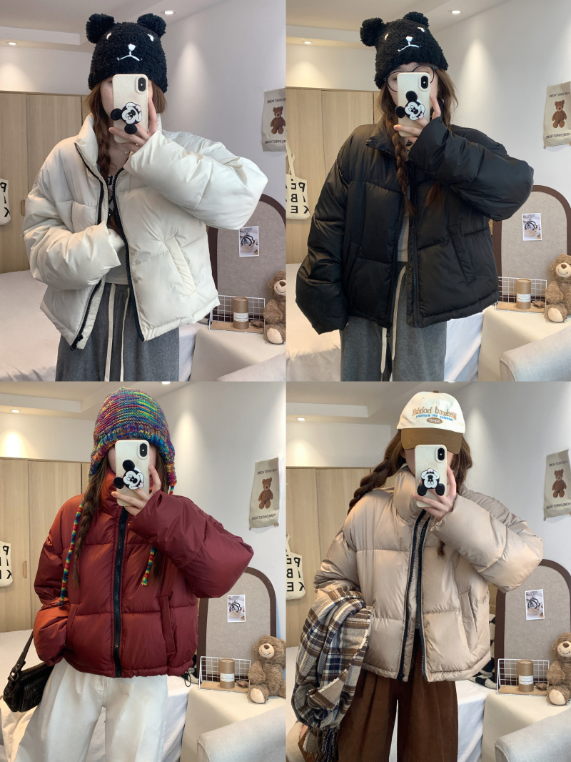 Actual shot of new winter retro American style small stand-up collar short down jacket for women