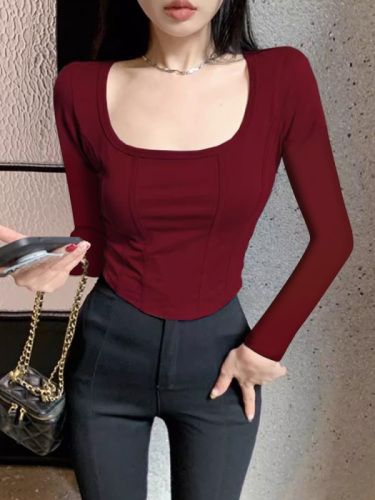 Simple and high-end U-neck, large neckline, striped chest, large waist, slim waist, tight-fitting long-sleeved T-shirt for women, early autumn new style bottoming