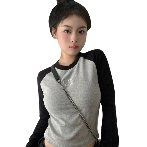 American retro color-blocked short long-sleeved T-shirt for women in early autumn, versatile hot girl style slim fit top