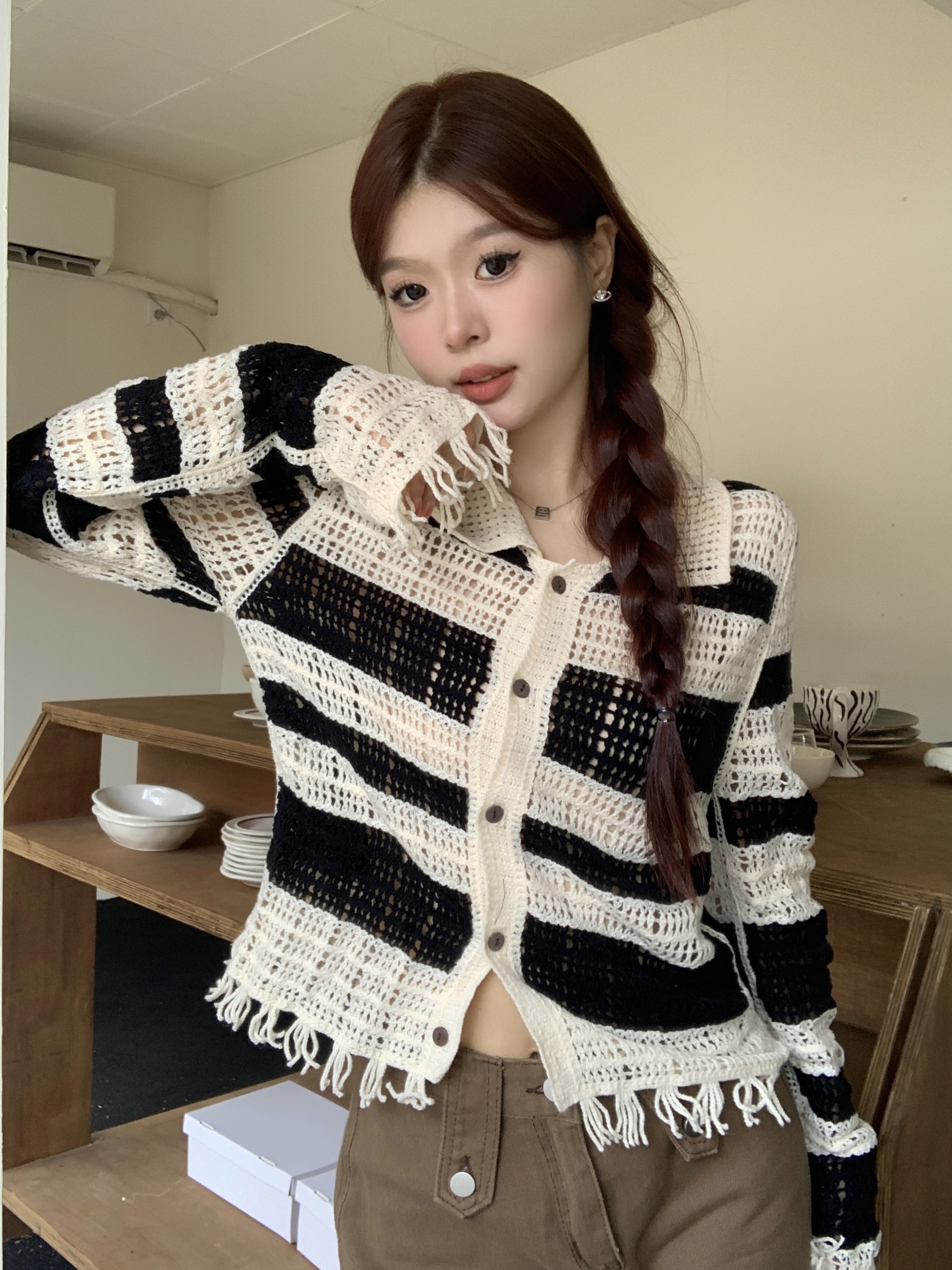Actual shot of early spring striped hollow design niche retro splicing tassel long-sleeved knitted jacket