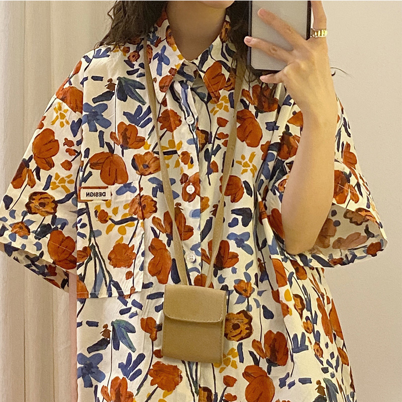 2024 new summer style loose American retro Hong Kong style all-over printed floral short-sleeved shirt top