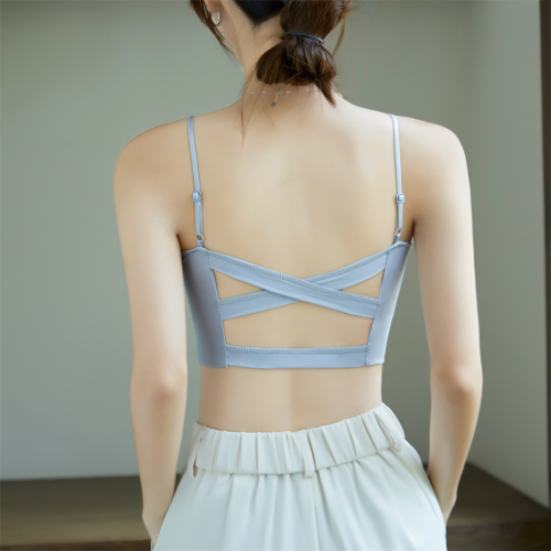 Actual price~Ice Silk Seamless Beautiful Back Camisole Fixed Breast Pad Gathered Comfortable Breathable Light Blue Underwear