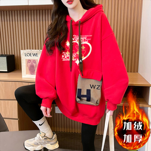 First imitation Chinese cotton velvet plus velvet thickened three-dimensional bag 2024 New Year hooded sweatshirt for women