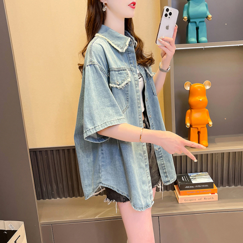 韩版短袖牛仔衬衫女夏季宽松大码洋气设计感毛边复古上衣潮