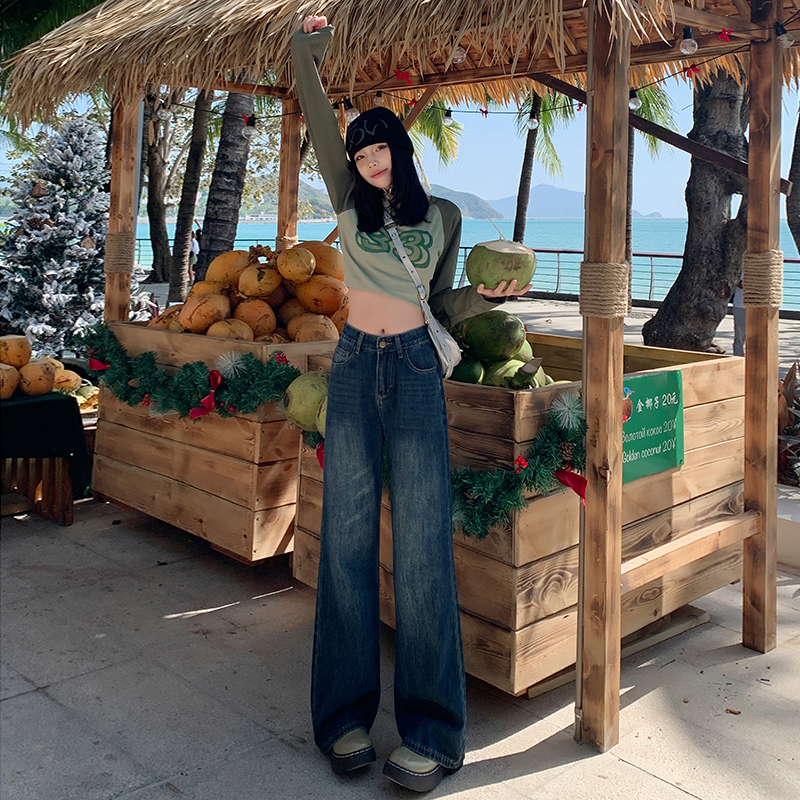 Actual shot of high-waisted wide-leg pants 2024 new high-street slim and cool girl style versatile drape straight-leg trousers