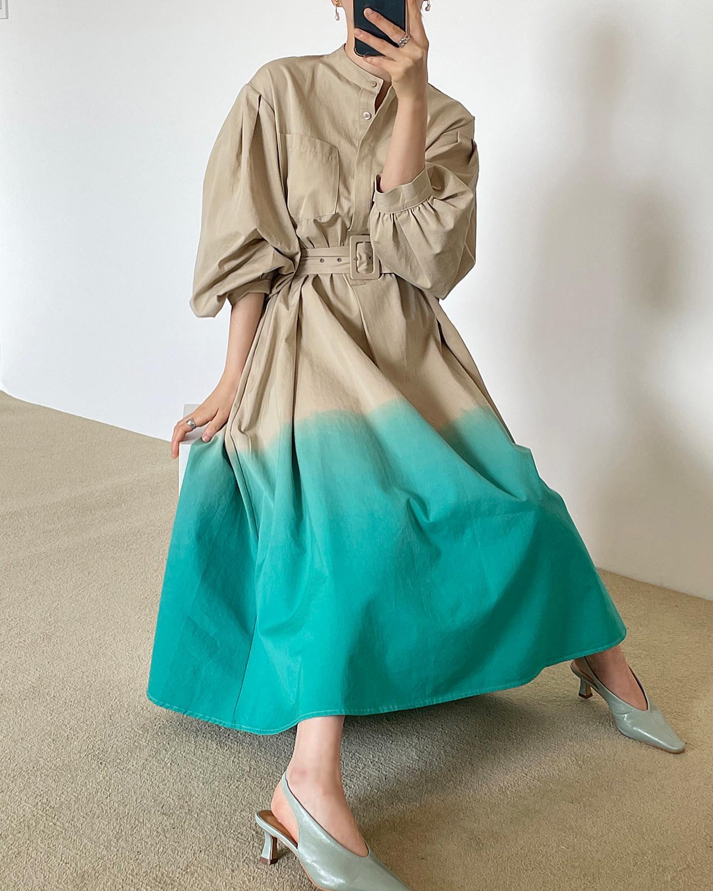 Spring French niche stand-up collar double pocket lace-up waist-sleeved dress with lantern sleeves for women