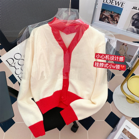 Real shot of red and white contrasting color splicing v-neck sweater for women in winter lazy style halter neck knitted cardigan