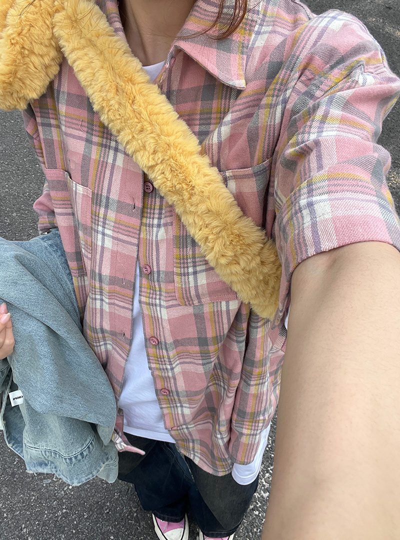 40棉60滌韓版hiphop復古撞色格子短袖襯衫女情侶百搭襯衣