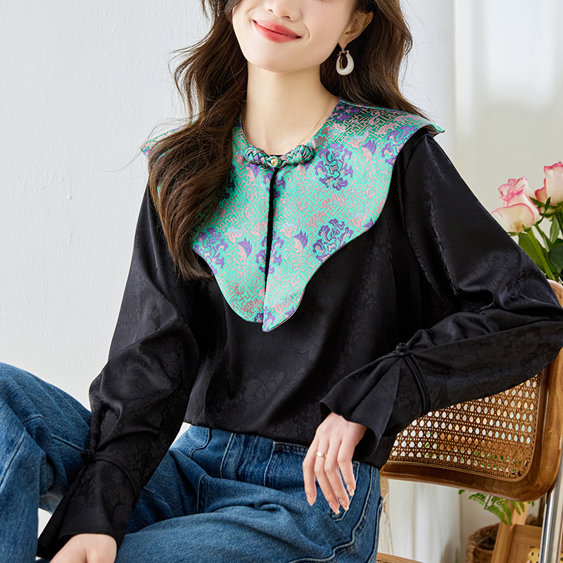 實拍 2024春季新國風刺繡裝飾大翻領系扣開叉醋酸長袖寬鬆小衫