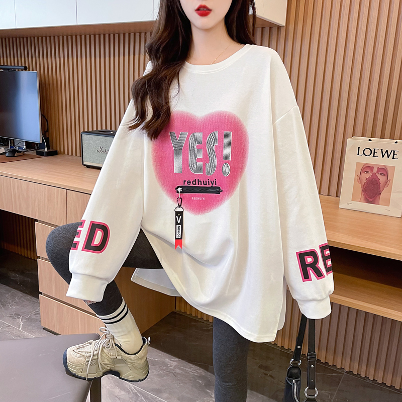 Actual shot-2024 spring Chinese cotton large size 300 pounds back collar printed pockets rhinestone thin sweatshirt for women