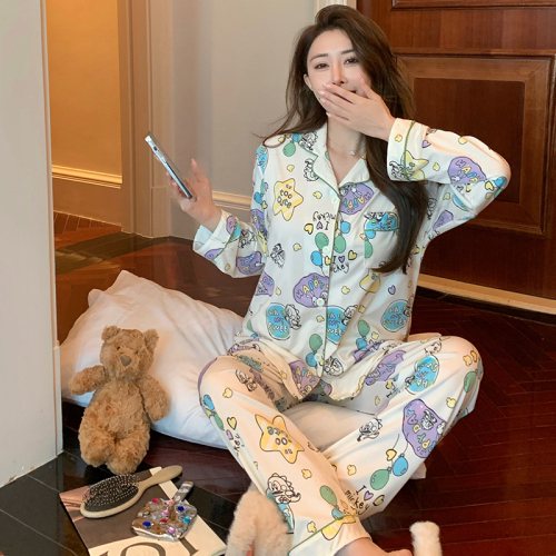 2024 Spring and Autumn Fashion Pajamas Women's Long Sleeve Pants Two-piece Set Loose Plus Size Cartoon Wearable Outerwear Home Clothes