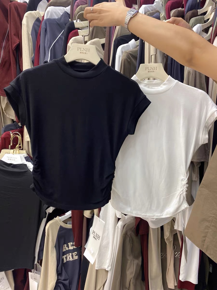 2024 Spring and Autumn Korean Style New Super Soft Side Pleated Stand Collar Short Slim Fit Bottoming Shirt T-shirt for Women