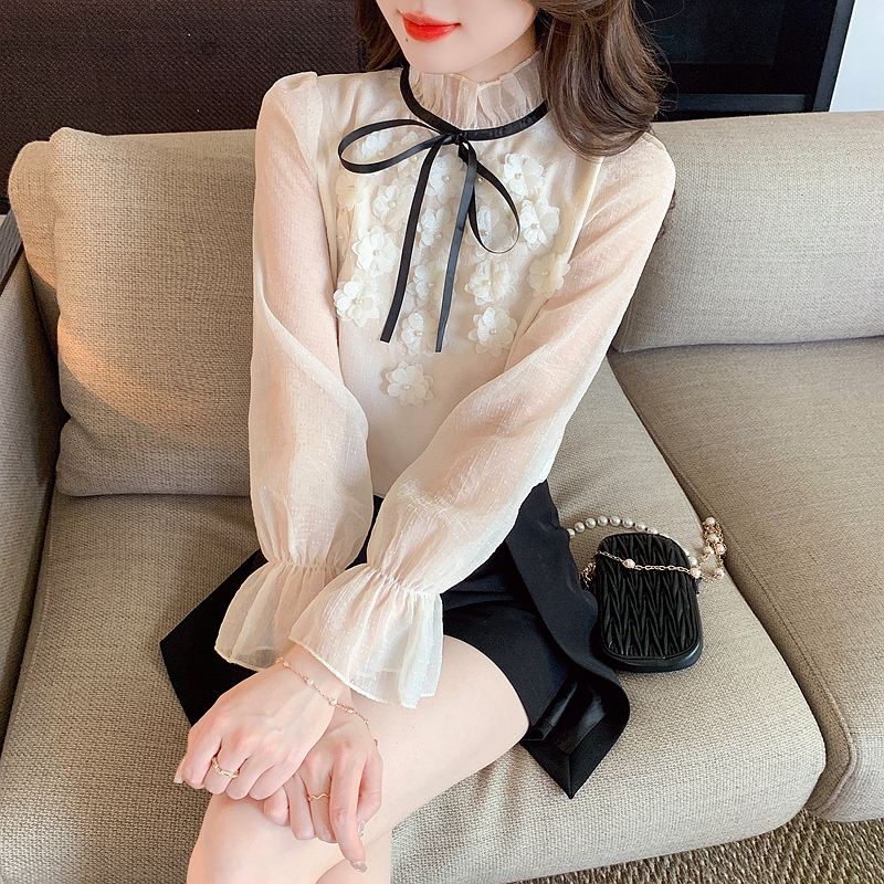 Apricot stand-collar lace-up three-dimensional flower chiffon shirt for women in spring and autumn French style wealthy daughter with mesh top