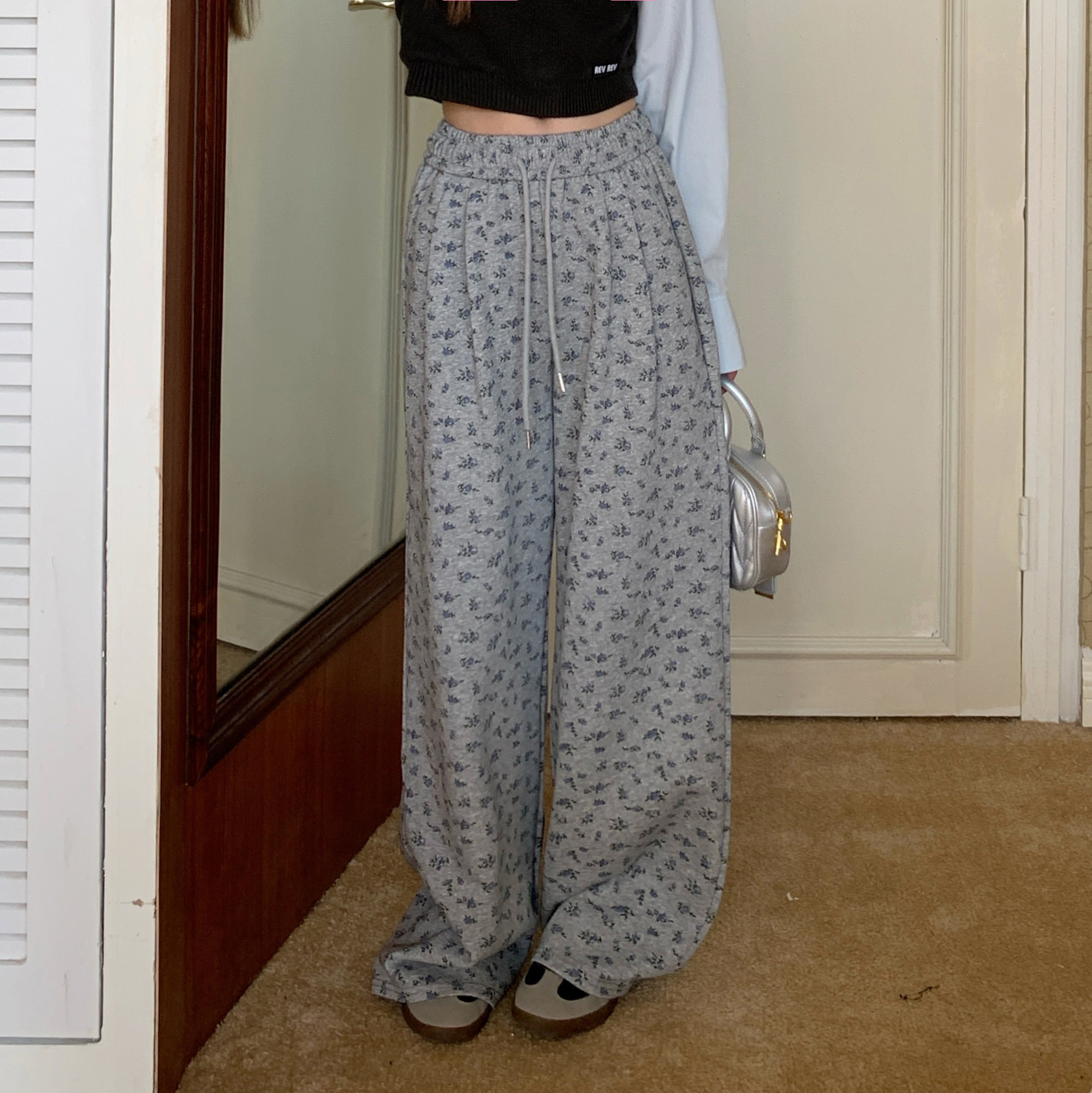 Real shot 24 early spring Korean style floral casual pants elastic waist wide leg pants