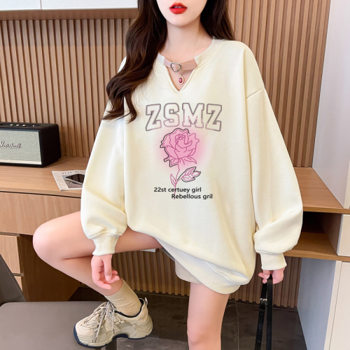 First real shot of pure cotton Chinese cotton composite milk silk 320g hollow V-neck 300kg belt buckle sweatshirt for women trendy