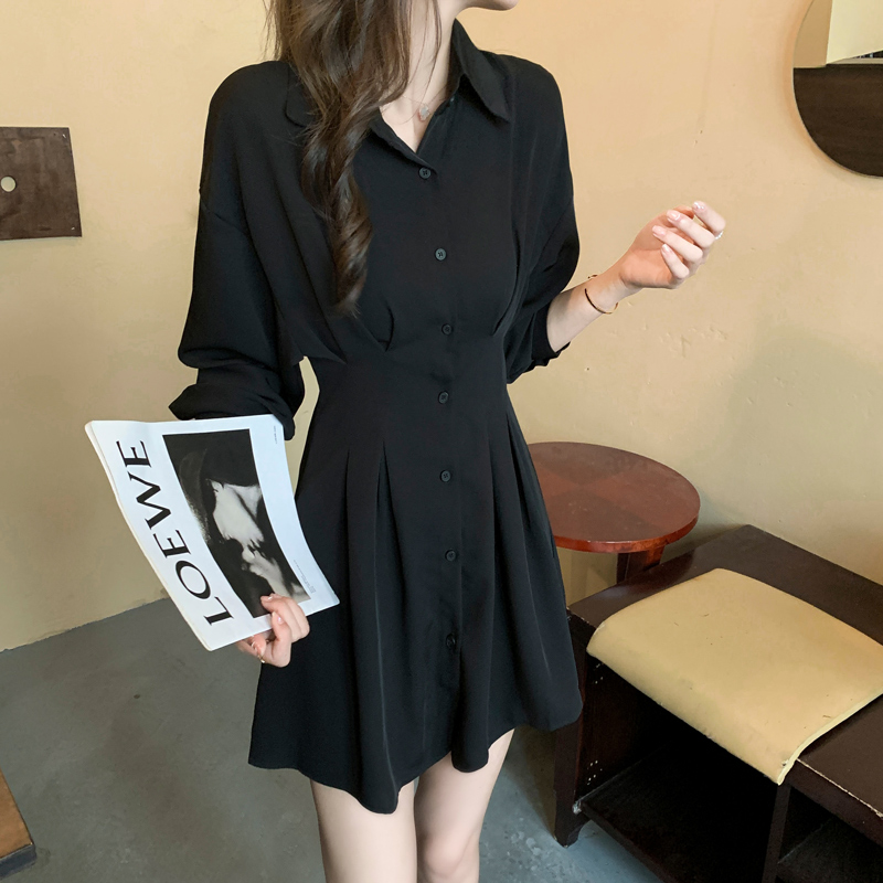 實拍 2024春季新款純色法式時尚襯衫裙長袖連衣裙女