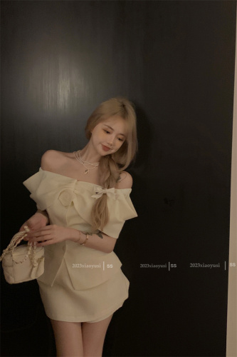 Actual shot of Pine Chestnut Cream Cream White One Shoulder Small Fragrance Suit Women's Single Breasted Top High Waist Shorts