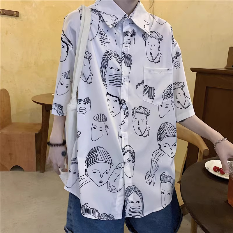 Real shot 2024 summer comic short-sleeved floral shirt women's Japanese casual tops retro trendy brand