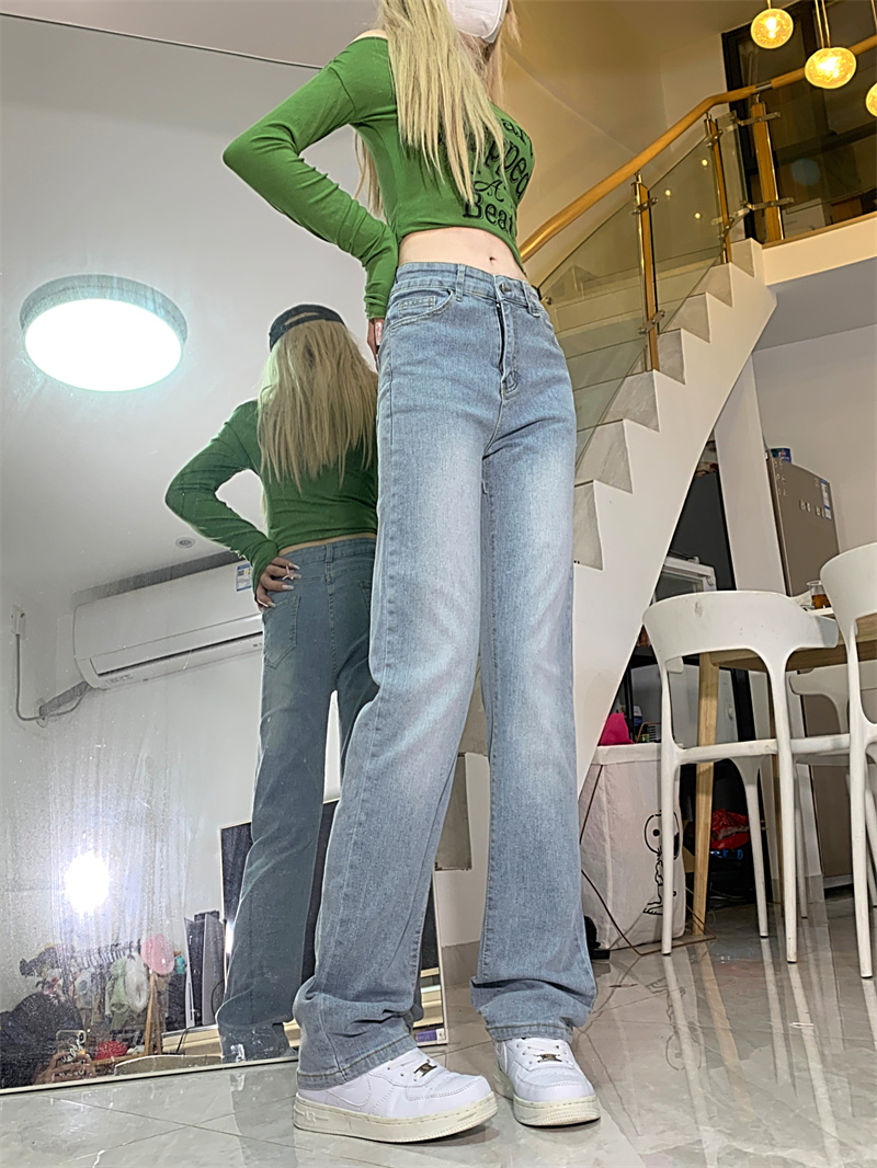 實拍！淺藍色闊腿牛仔褲女潮春秋新款高腰直筒褲子百搭顯瘦彈力