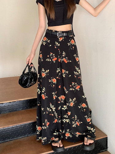 Real shot ~ 2024 new Korean style floral wide-leg pants with high waist and slim floor-length pants for women with belt