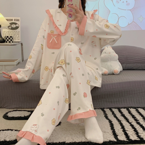 2024 spring new Korean style women's long-sleeved trousers princess collar imitation cotton pajamas creative printing style sweet and fresh