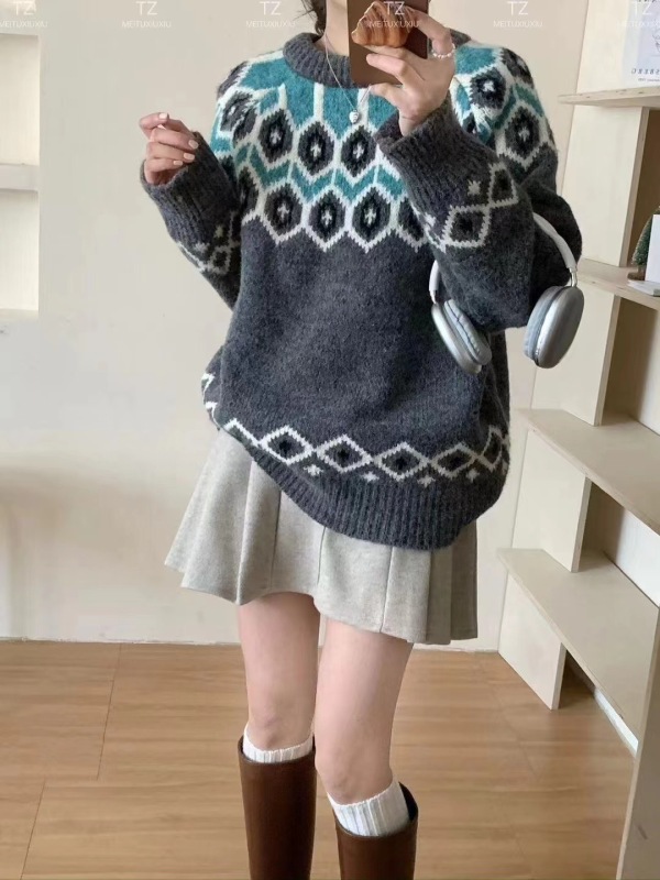 復古撞色菱格套頭毛衣韓系加厚保暖圓領百搭冬季針織上衣女