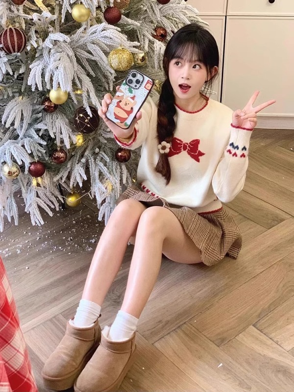 聖誕節蝴蝶結撞色毛衣女新款秋冬小個子軟糯寬鬆甜美針織上衣