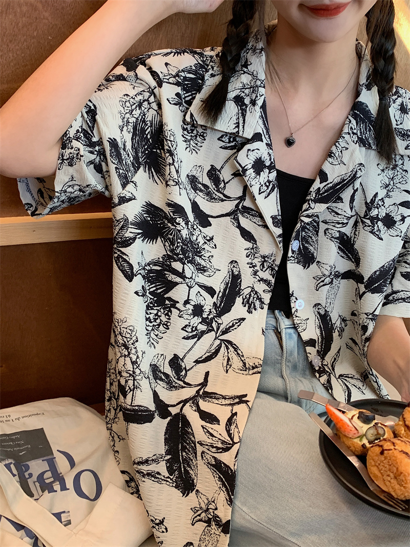 實拍  日系水墨印花襯衫女夏季復古寬鬆短袖襯衣小眾休閒上衣