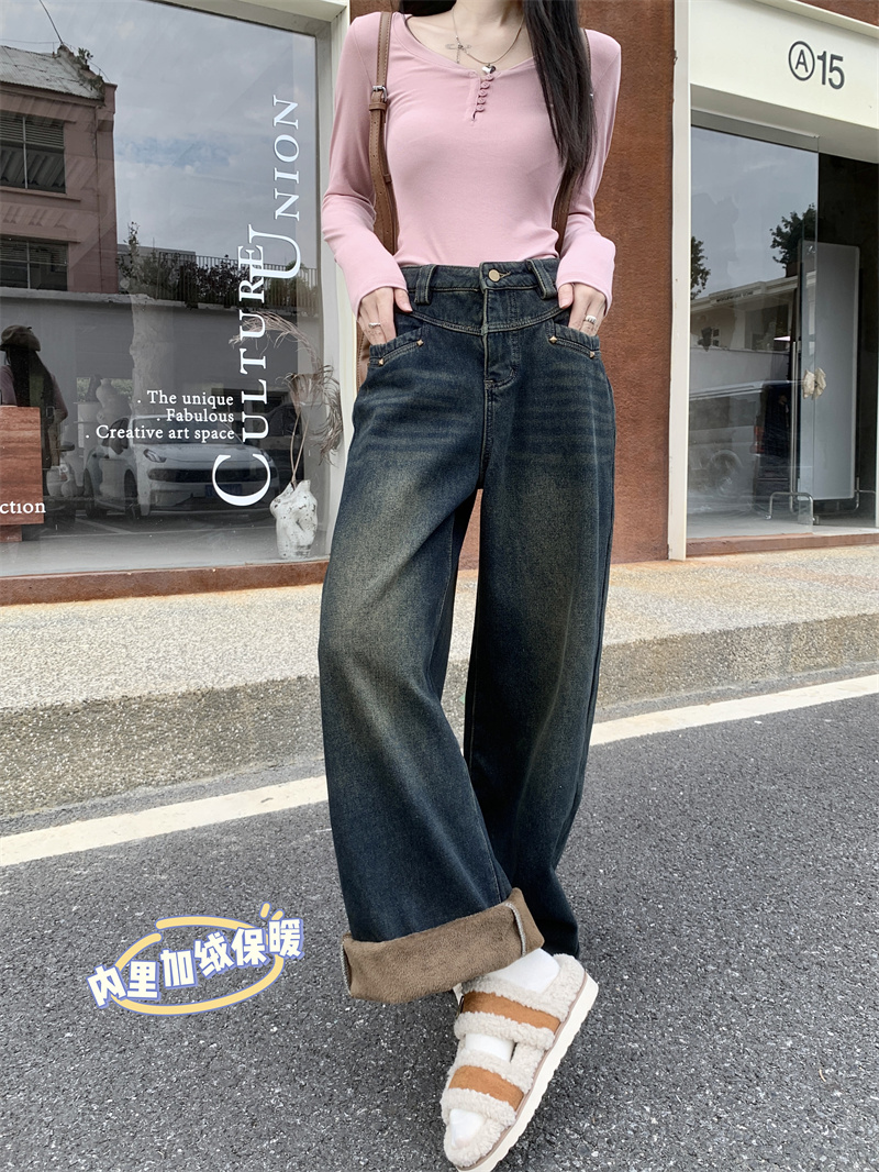 實拍 加絨加厚新款寬鬆顯瘦闊腿長牛仔褲女
