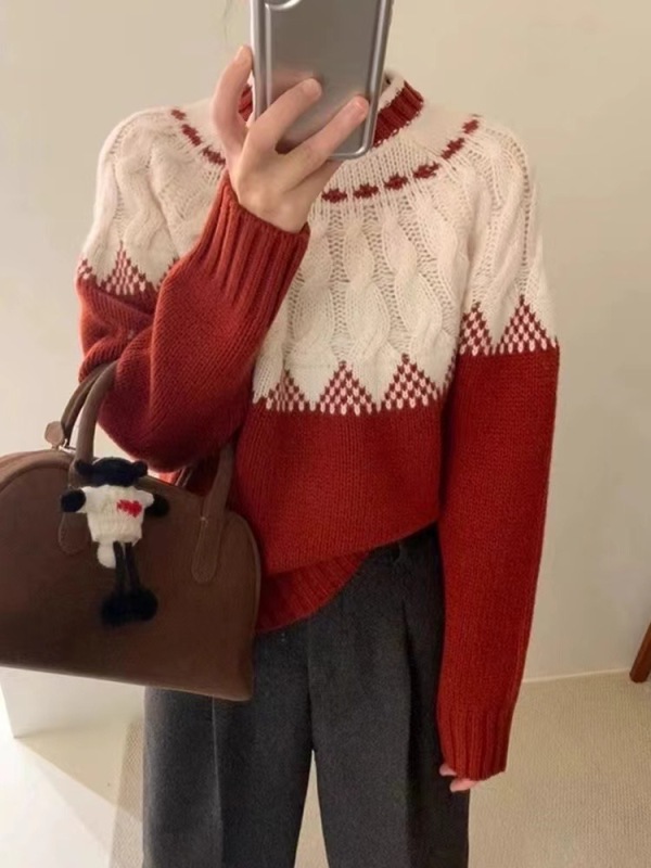 High quality ready stock 2024 winter new style twist contrasting color round neck pullover sweater for women thickened warm color block knitted