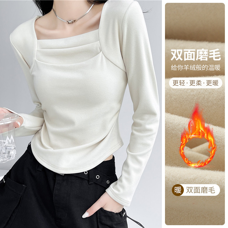 Square collar bottoming shirt for women in autumn and winter new style German velvet plus velvet warm long-sleeved T-shirt with slim outer top