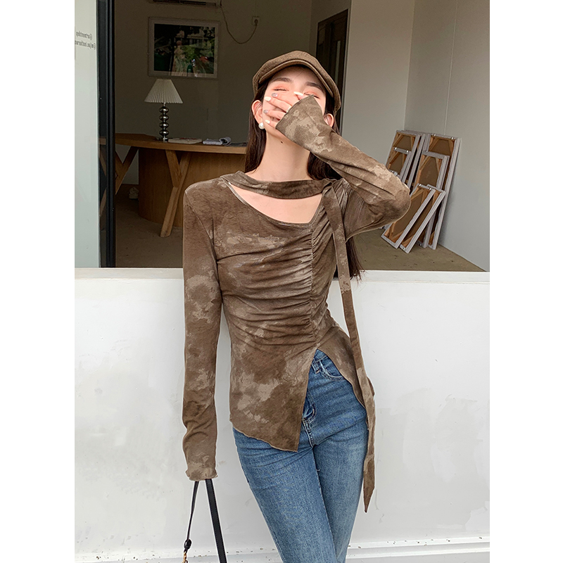 Real shot 2024 spring new style tie-dye irregular tops long-sleeved T-shirts for women