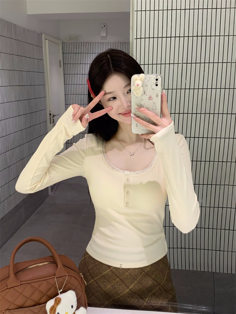 Official photo DeRong with chest pads, lace splicing knitted bottoming shirt, winter pure desire slim fit inner top, long-sleeved T-shirt