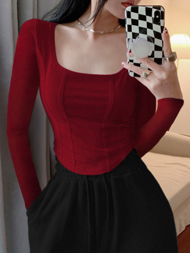 Simple and high-end U-neck, large neckline, striped chest, large waist, slim waist, tight-fitting long-sleeved T-shirt for women, early autumn new style bottoming