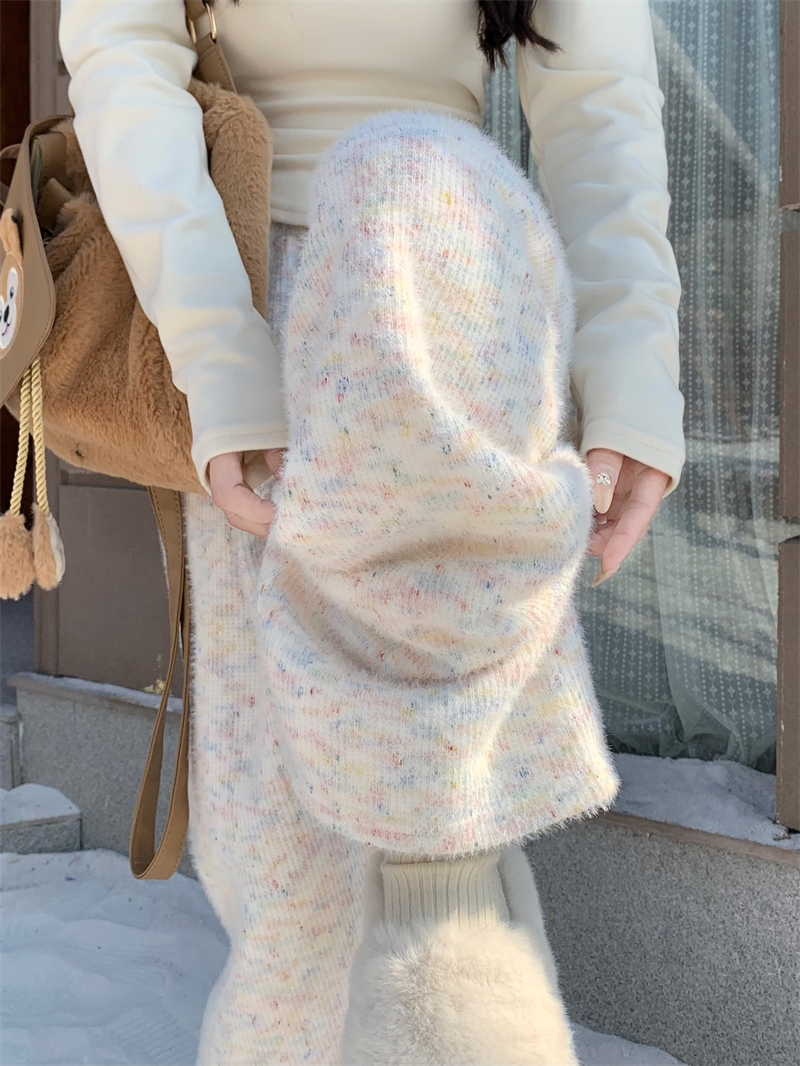 Actual shot~Fleece rainbow glutinous rice pants for women, high-waisted, casual, versatile, straight-leg, soft, glutinous knitted wide-leg pants