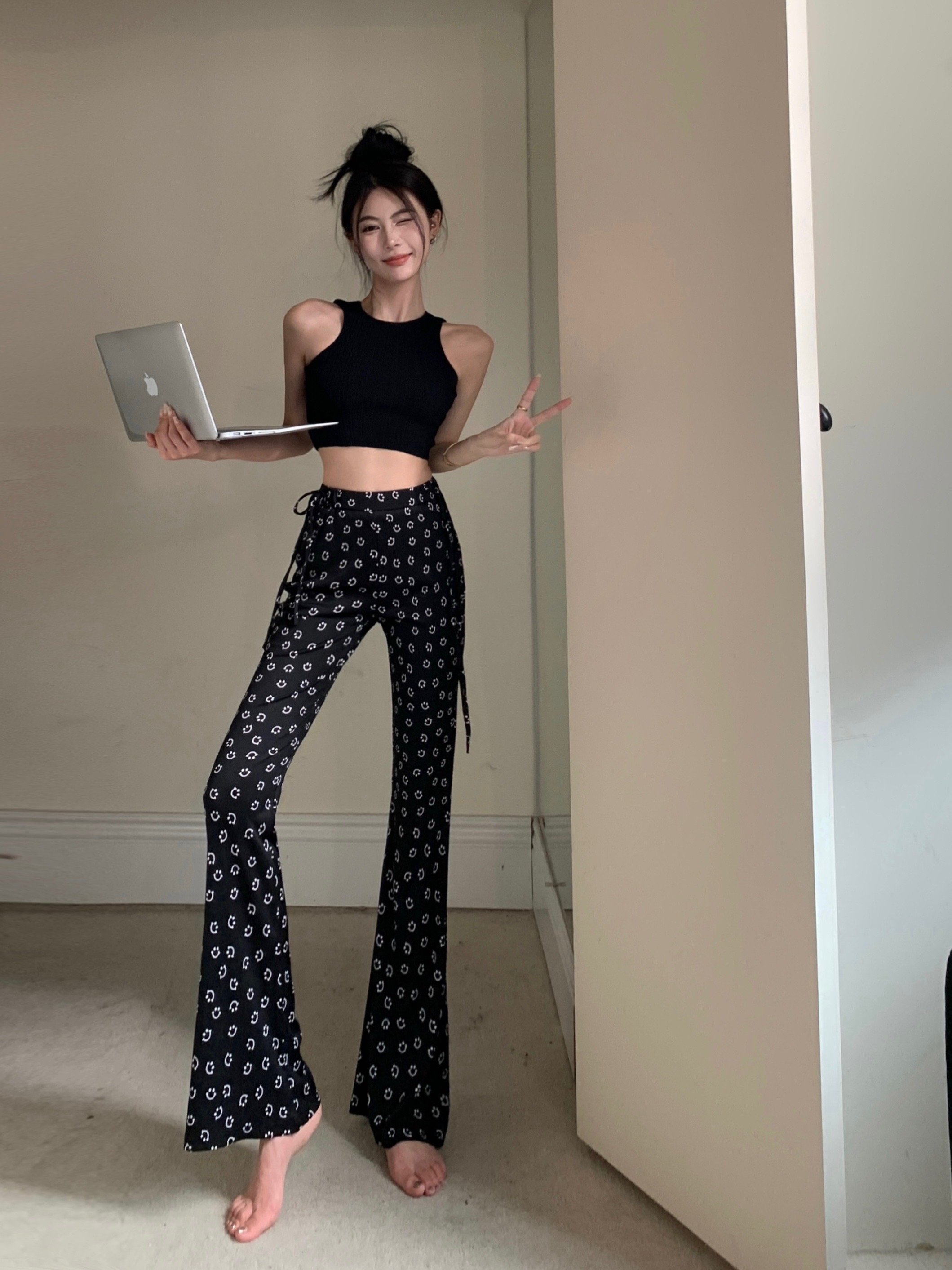 實拍~笑臉微喇叭褲女高腰彈力修身顯瘦美式辣妹拖地休閒褲