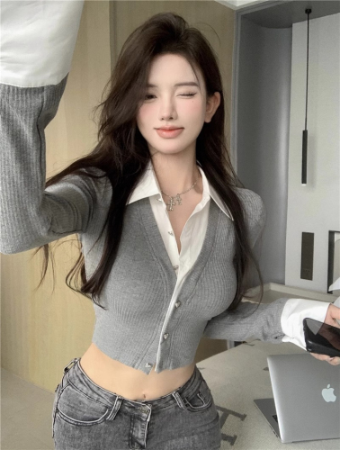 Official photo, fake two-piece shirt, women's design niche spring and autumn short top, long-sleeved cardigan, contrasting color splicing shirt