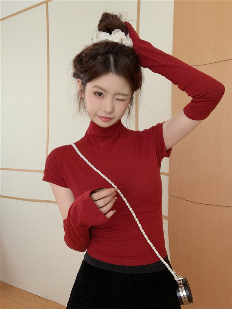 Real shot of half-high collar design niche versatile long-sleeved T-shirt with detachable sleeves ins