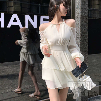 法式白色長袖連衣裙仙女春季仙氣收腰甜美雪紡短裙荷葉邊蛋糕裙子