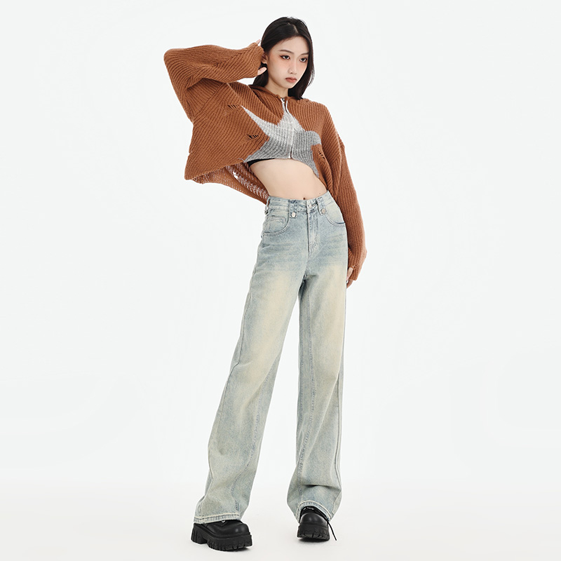 實拍2024早春高腰闊腿拖地牛仔褲 女