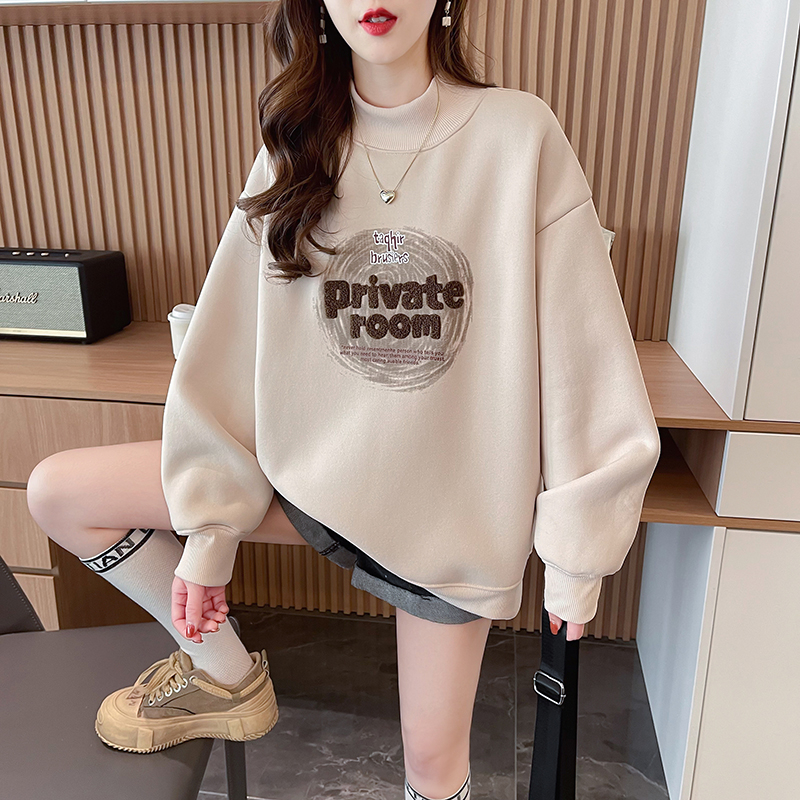 Real shot of Chinese cotton composite alpaca wool 420g sweatshirt for women in autumn and winter plus velvet half turtleneck top plus size women's 200 pounds
