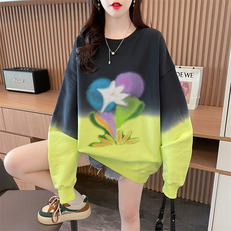 Real shot 2024 spring Korean style loose back bag collar twill round neck gradient print large size thin sweatshirt for women