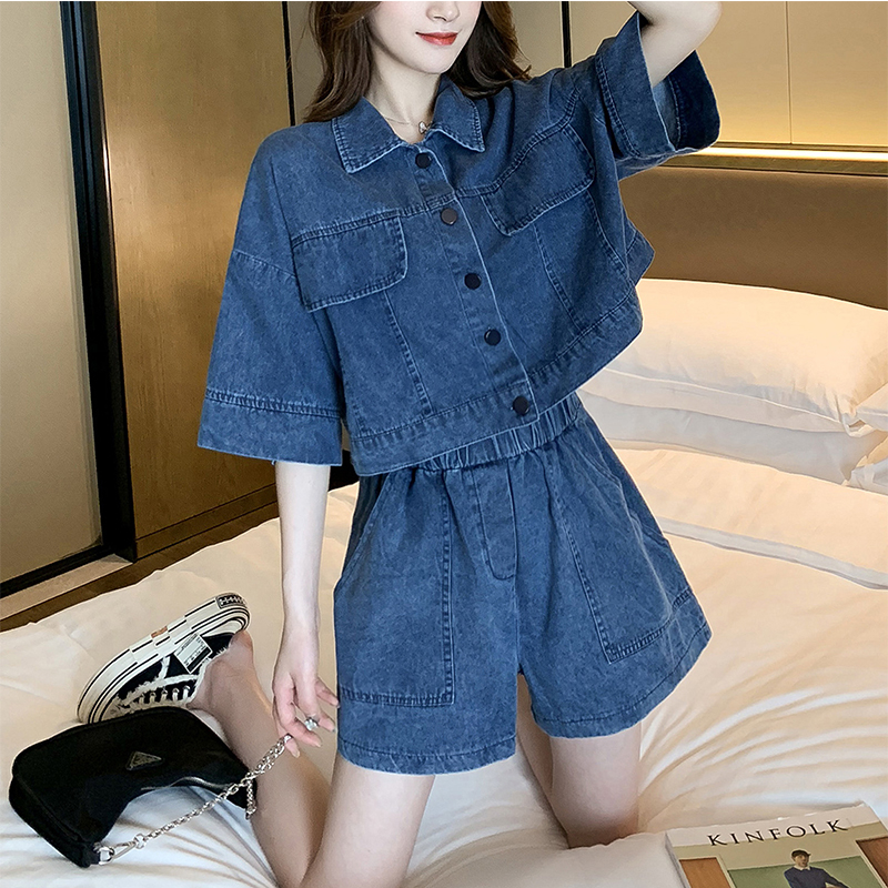 網紅夏季新款顯瘦休閒套裝女時尚小個子牛仔短褲兩件套