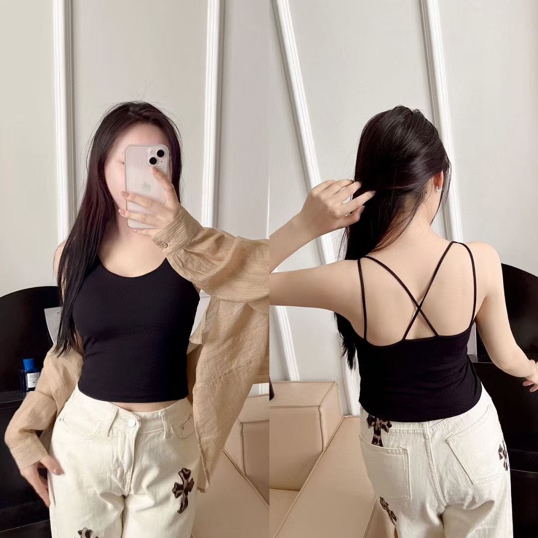 2024 New Style Pure Lust Hot Girl Slim Fit Cross Strap Padded Beautiful Back Camisole Top