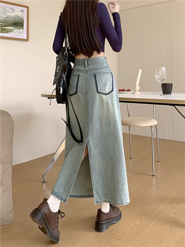 Actual shot~New high-waist slim pocket design slit denim A-line mid-length skirt