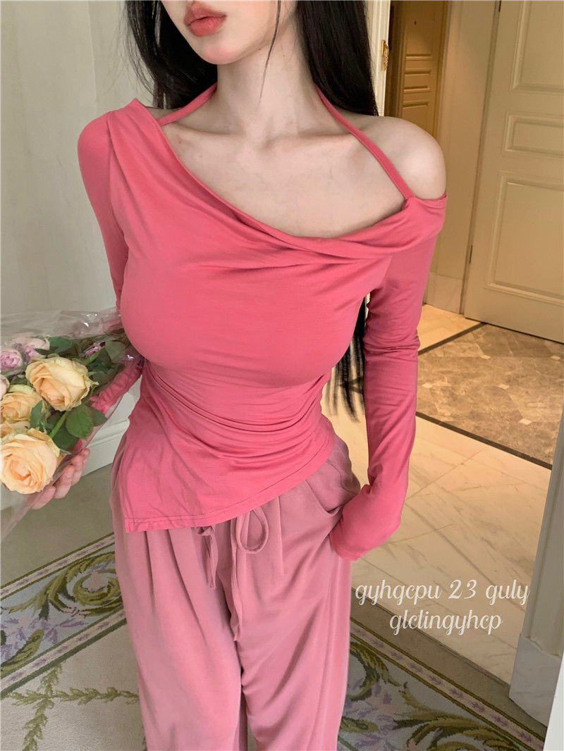Actual shot ~ Desirable halter neck, swing collar, ant waist, sexy breast-showing long-sleeved top + high-waisted elastic waist wide-leg pants