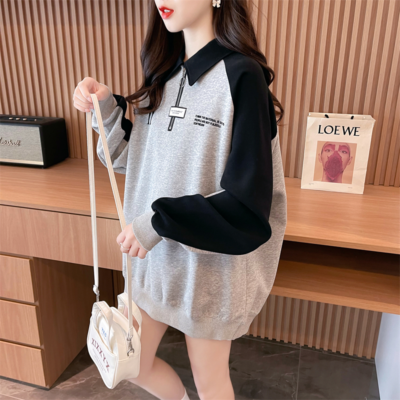 Actual shot 2024 spring Korean style loose back bag reverse cotton Chinese cotton POLO collar color matching large size thin sweatshirt for women