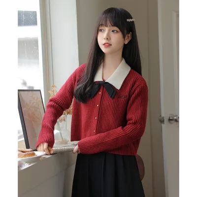 Bokaqi autumn and winter new lapel bow knitted cardigan women's college style niche contrast color short sweater